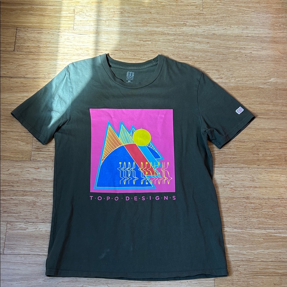 Topo Designs Olive Short-Sleeve Tee with Neon Mountain Graphic